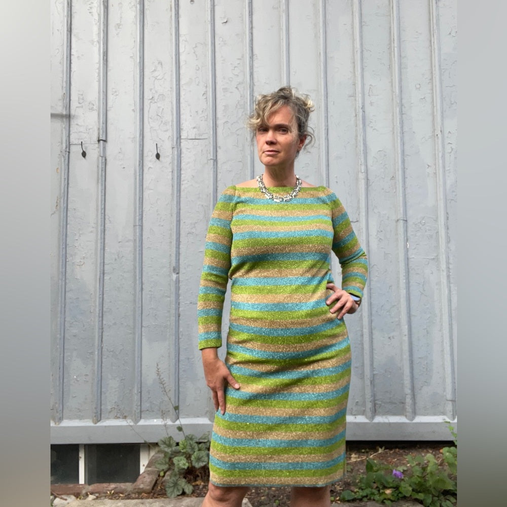 Vintage Tricosa Paris Striped Metallic Knit Dress, size Small