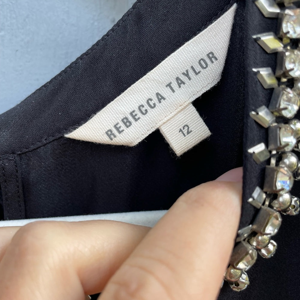 Rebecca Taylor Black Sleeveless Silk Blouse With Rhinestone Collar, size 12