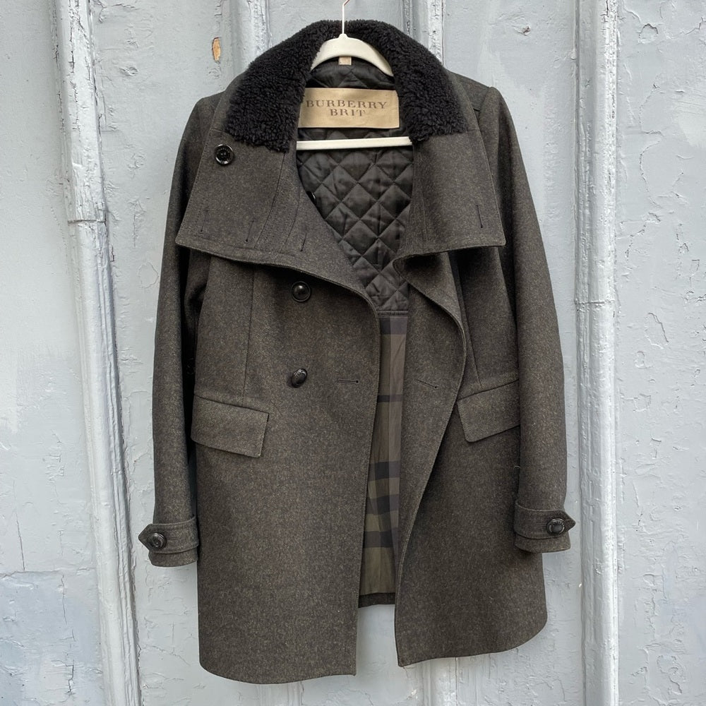 Burberry Brit Olive Green Wool Pea Coat, size 4