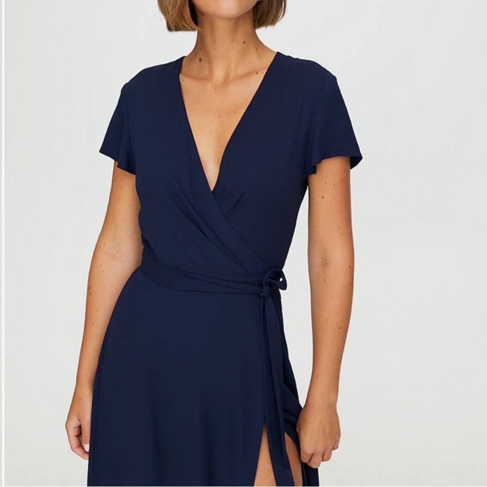 Aritzia Slit Wrap Navy Dress, size XXS