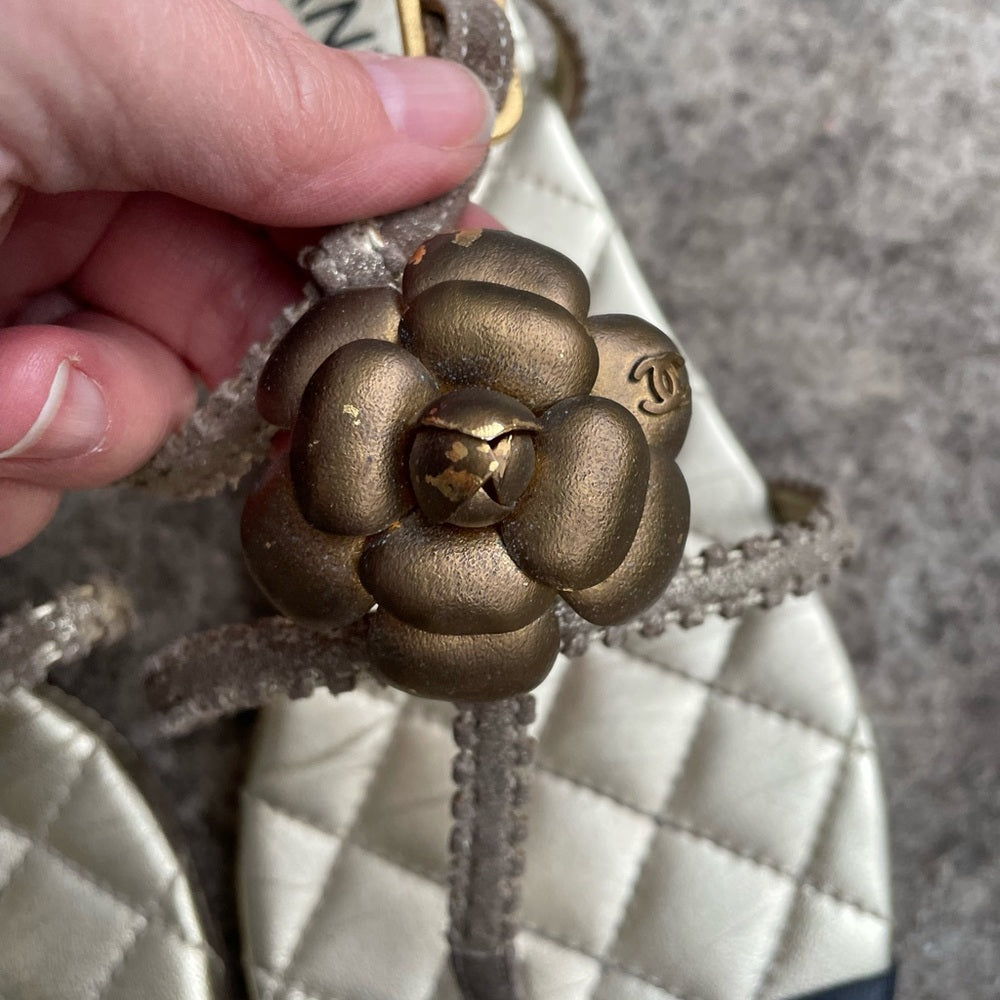 Chanel Gold Quilted Gladiator Sandal Flats, size 39