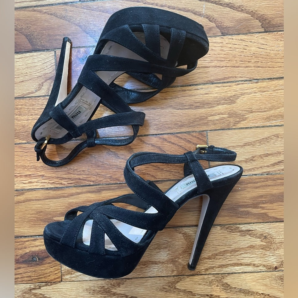 Miu Miu Black Suede Platform Crisscross Sandal Heels, size 36