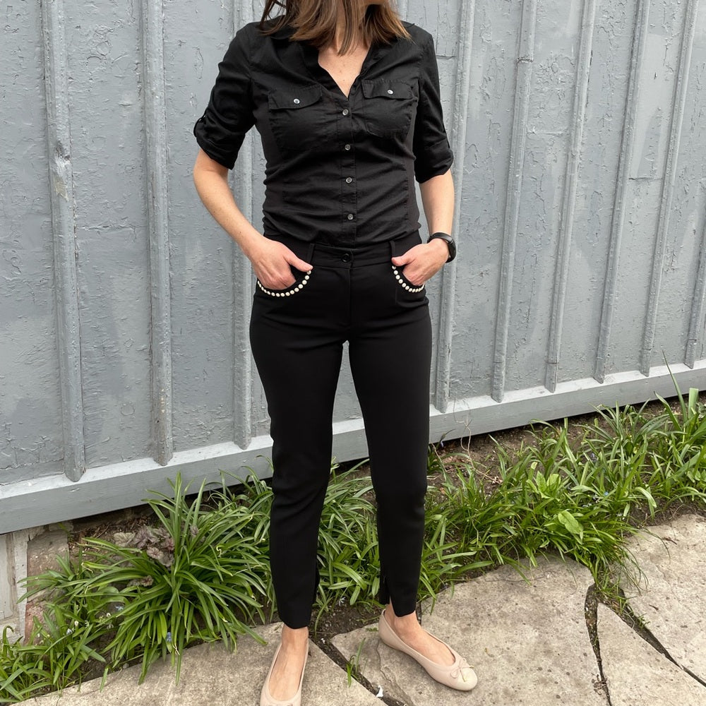 Moschino Black Slim Pants with Pearl Embellished Details, size 6