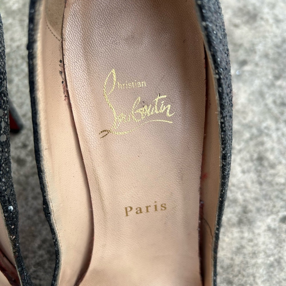 Christian Louboutin Metallic Grey Glitter Very Prive Peep Toe Pumps, Size 38.5