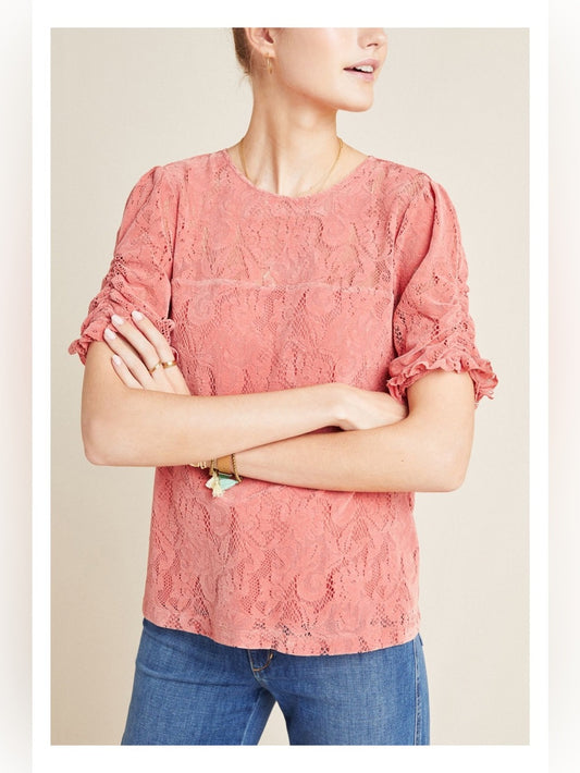 Anthropologie Parvati Velvet Lace Ruched Blouse Short Sleeve Top, Extra Small