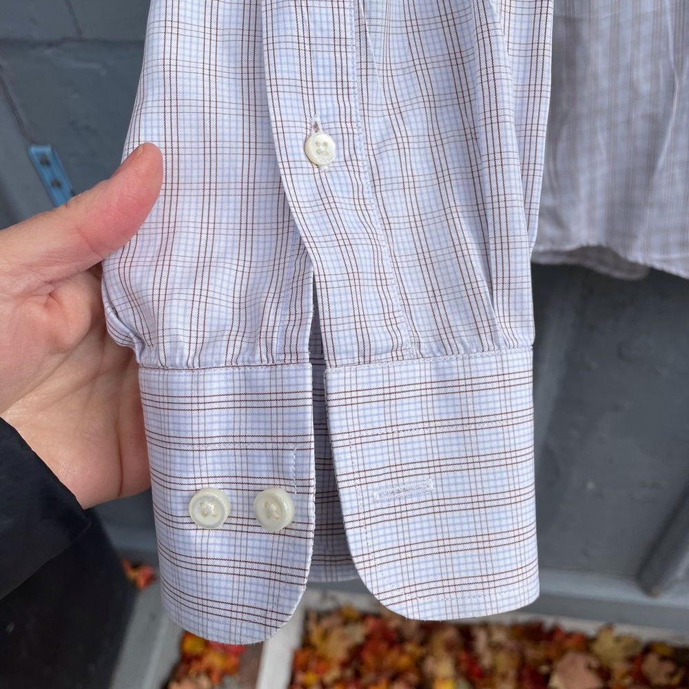 Baumler Brown White Blue Windowpane Check Button down, size 41 (16)