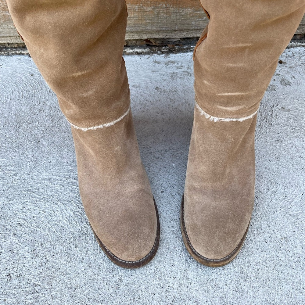 Philosophy Di Alberta Ferretti Camel Suede Shearling Boots, size 38.5