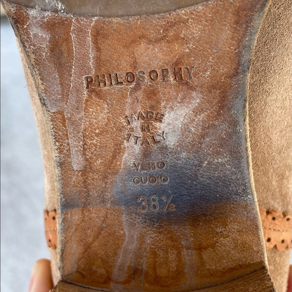 Philosophy Di Alberta Ferretti Camel Suede Shearling Boots, size 38.5