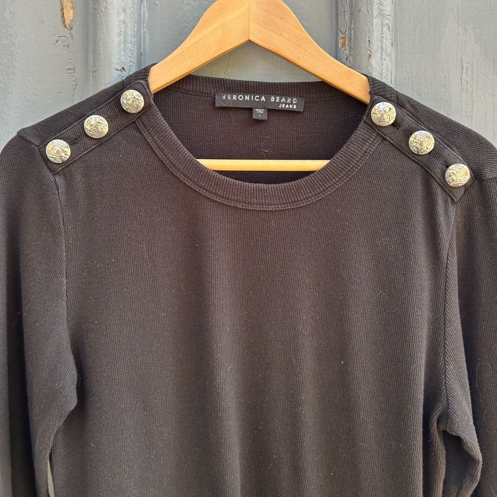 Veronica Beard Jeans Black Mayer Button Shoulder Top, size L