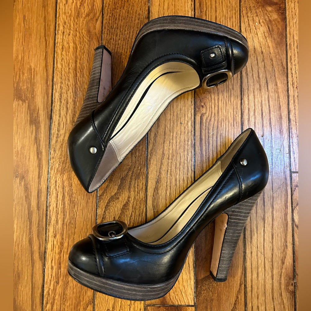 Coach Black Arista Buckle Stacked Heels, size 6
