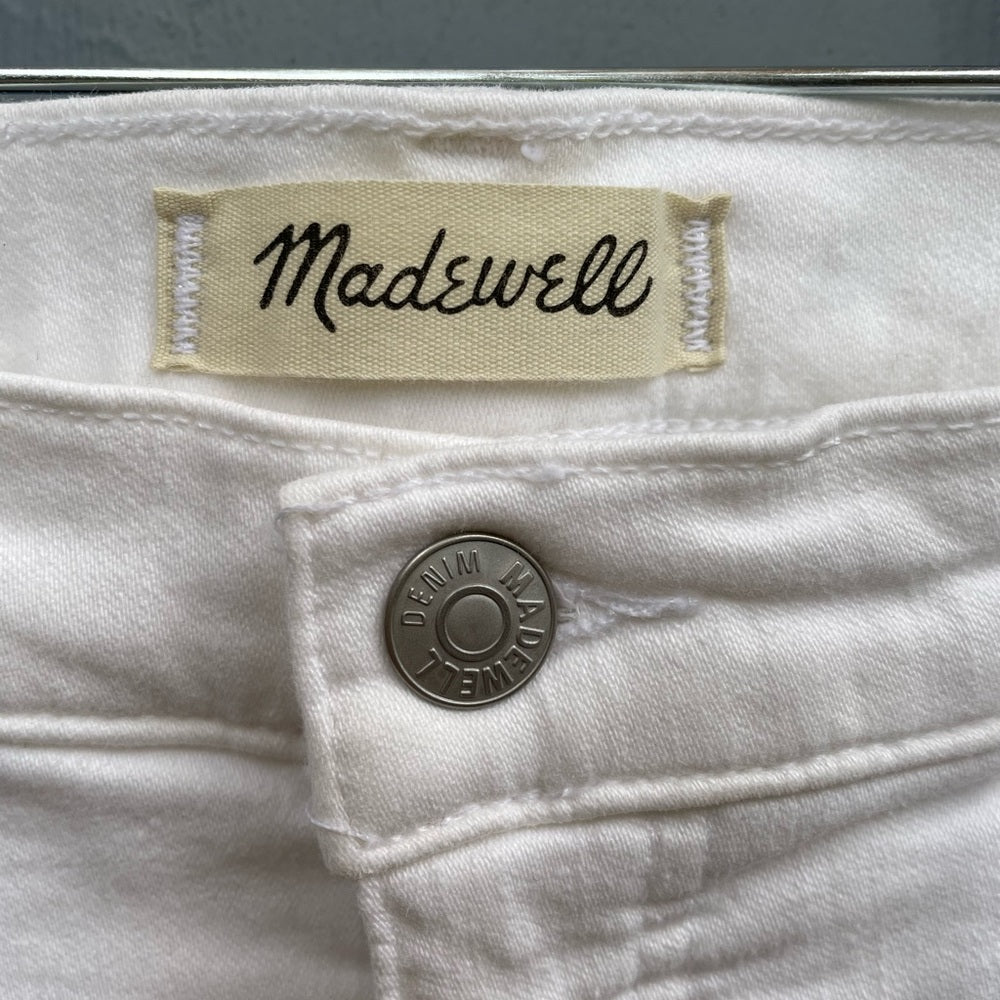Madewell 9" Mid-Rise Skinny Crop Jeans in Pure White: Knee-Rip Edition, size 32
