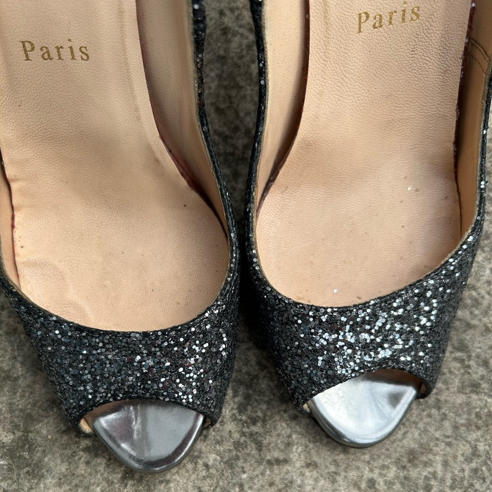 Christian Louboutin Metallic Grey Glitter Very Prive Peep Toe Pumps, Size 38.5