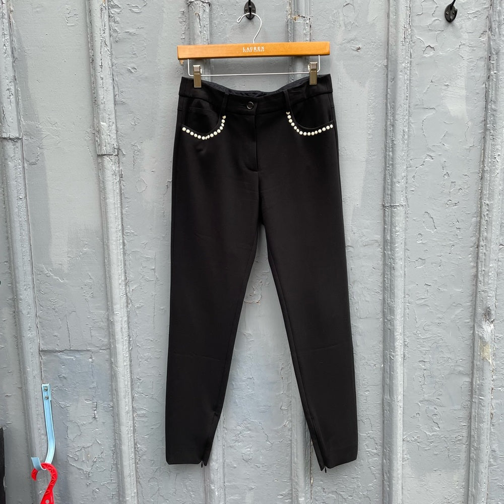 Moschino Black Slim Pants with Pearl Embellished Details, size 6