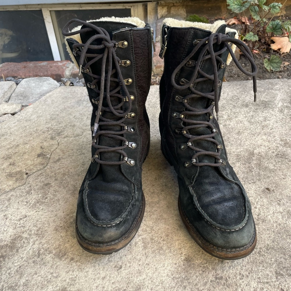 Chanel Black Wool, Suede & Shearling Lace up Combat Boots, Size 39