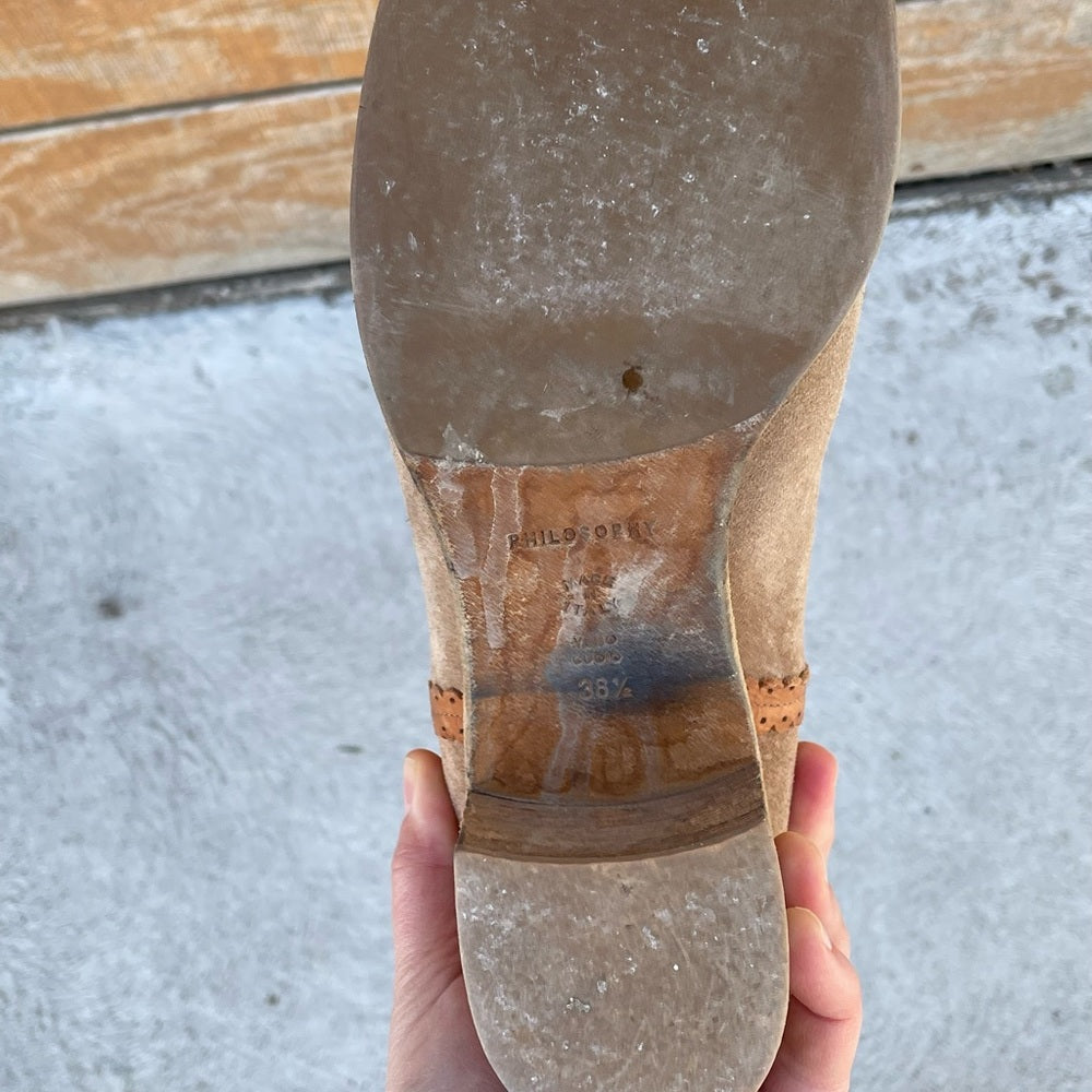 Philosophy Di Alberta Ferretti Camel Suede Shearling Boots, size 38.5