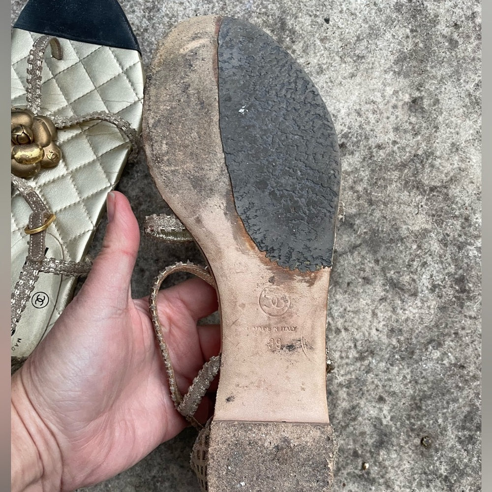 Chanel Gold Quilted Gladiator Sandal Flats, size 39