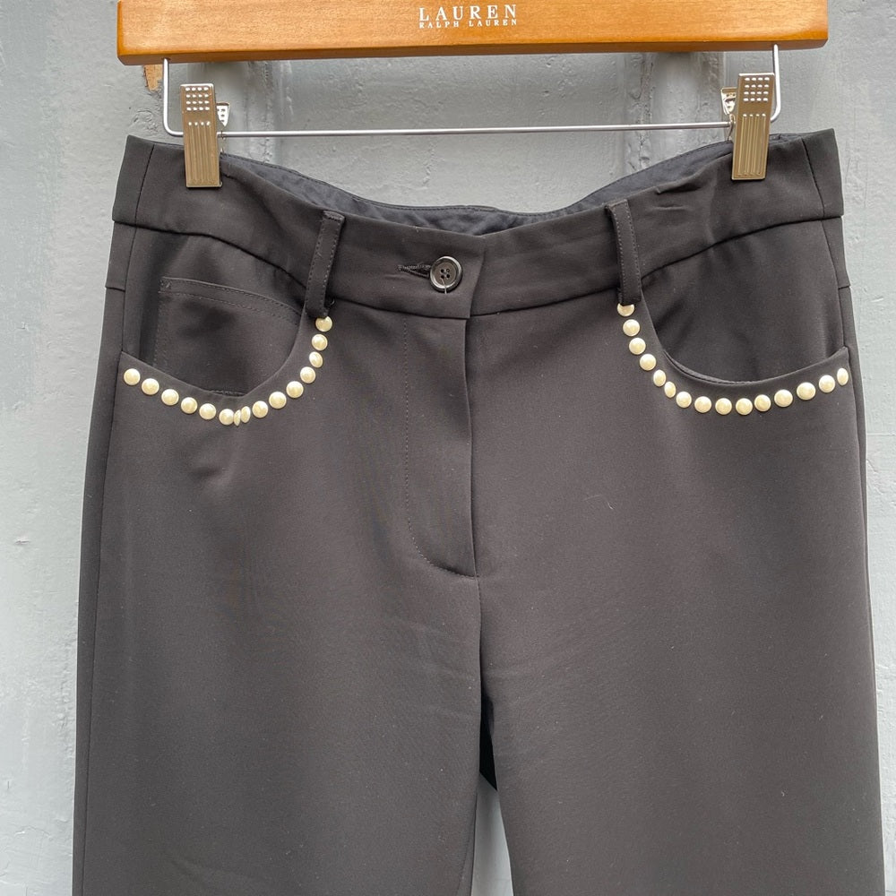Moschino Black Slim Pants with Pearl Embellished Details, size 6