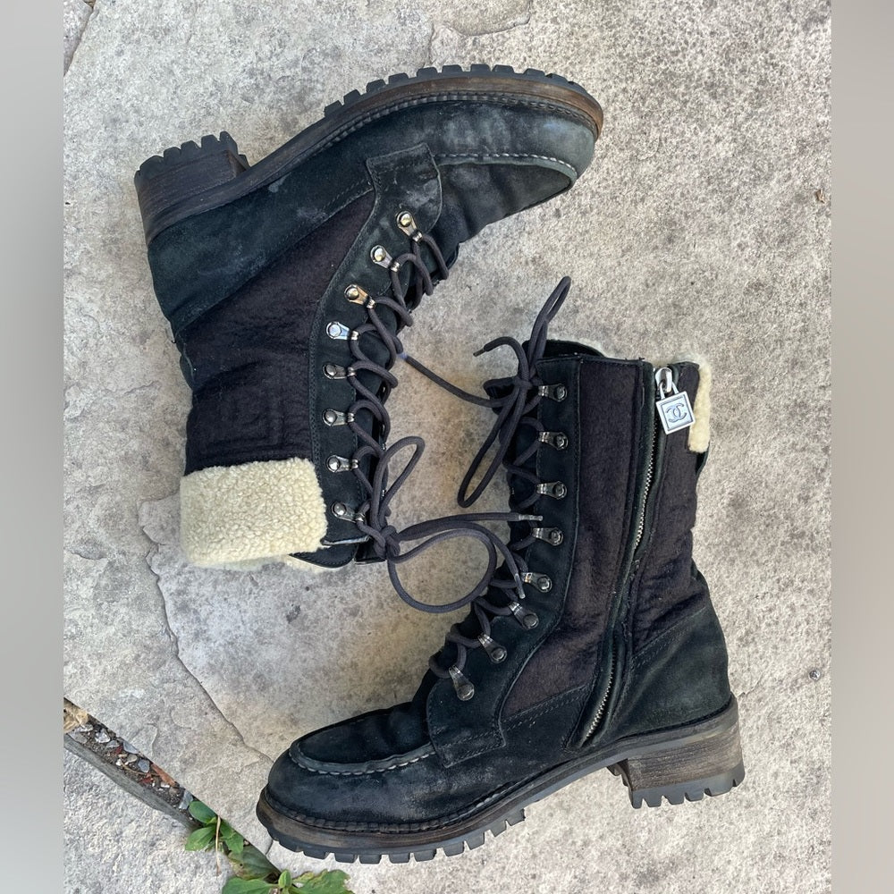 Chanel Black Wool, Suede & Shearling Lace up Combat Boots, Size 39