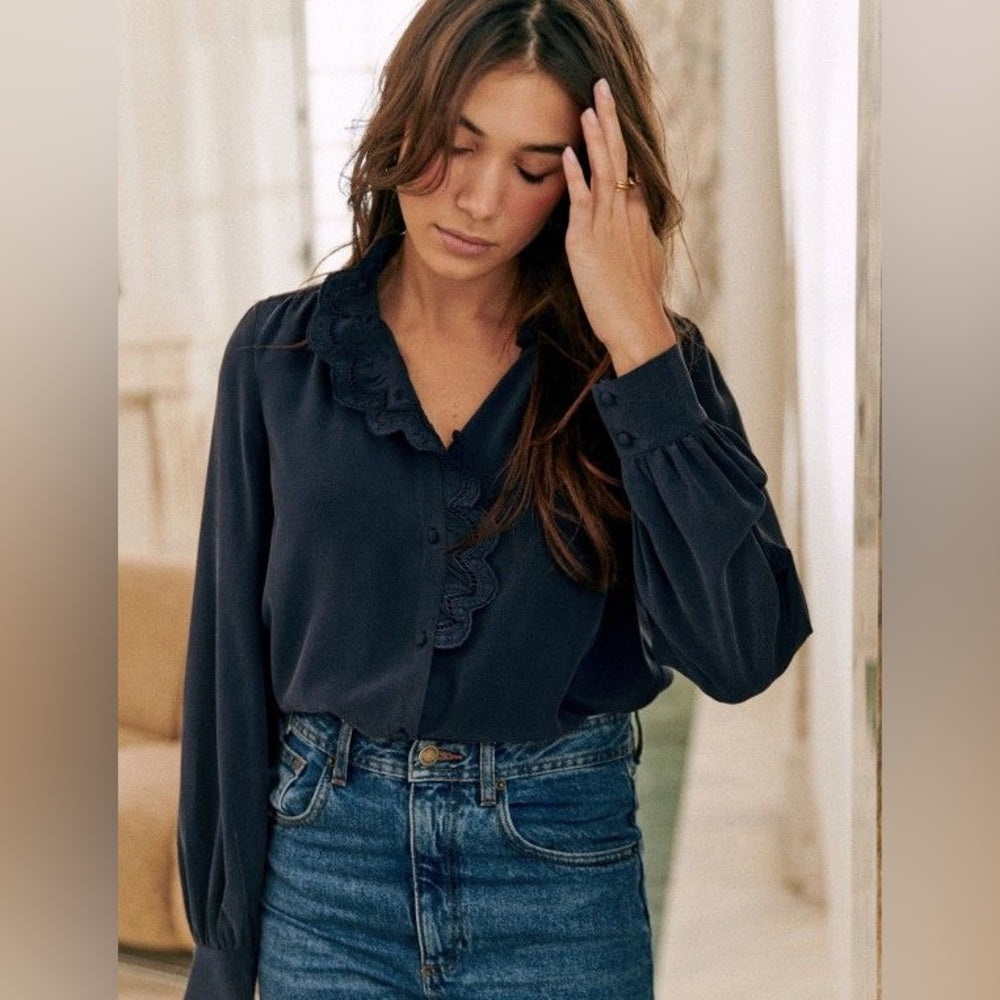 Sezane Chlo Silk Navy Blouse, size 44