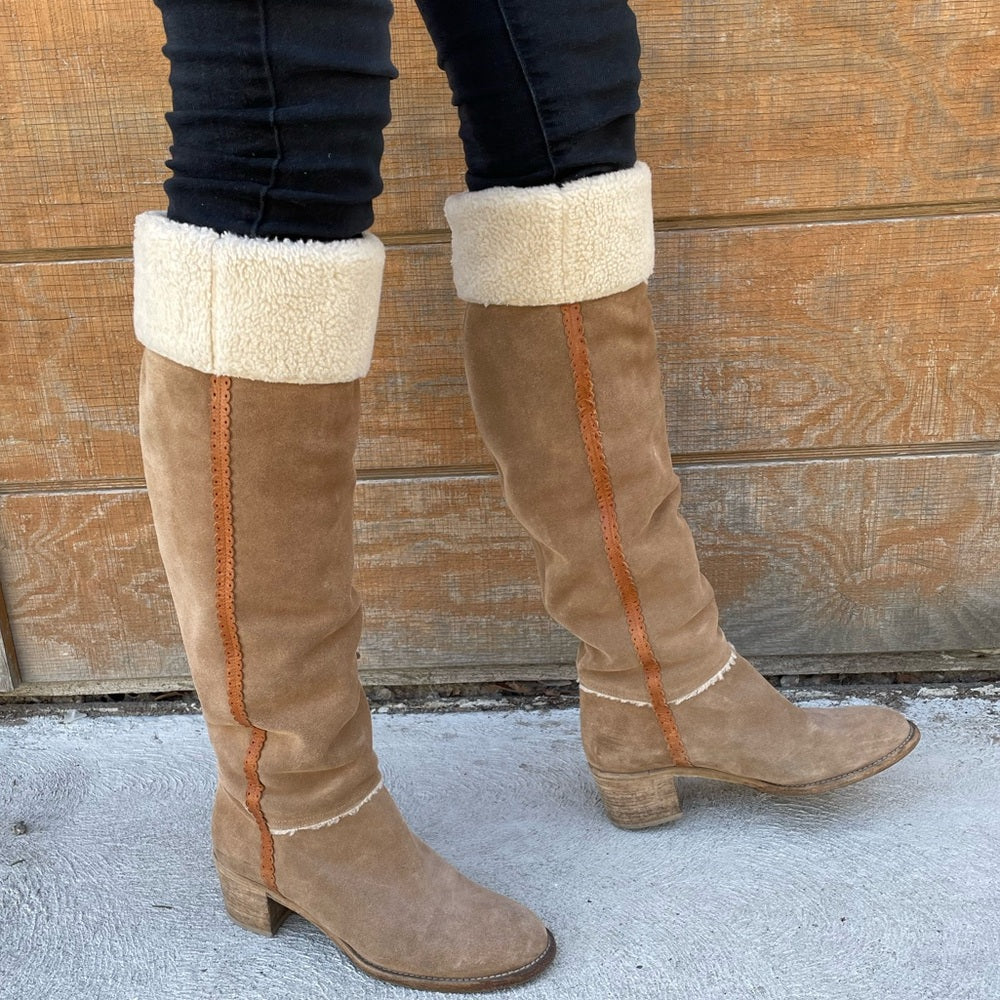 Philosophy Di Alberta Ferretti Camel Suede Shearling Boots, size 38.5