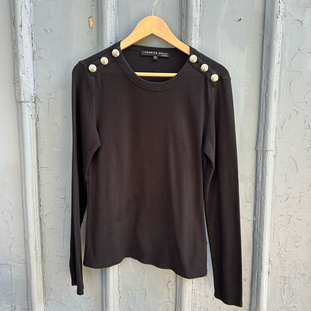 Veronica Beard Jeans Black Mayer Button Shoulder Top, size L