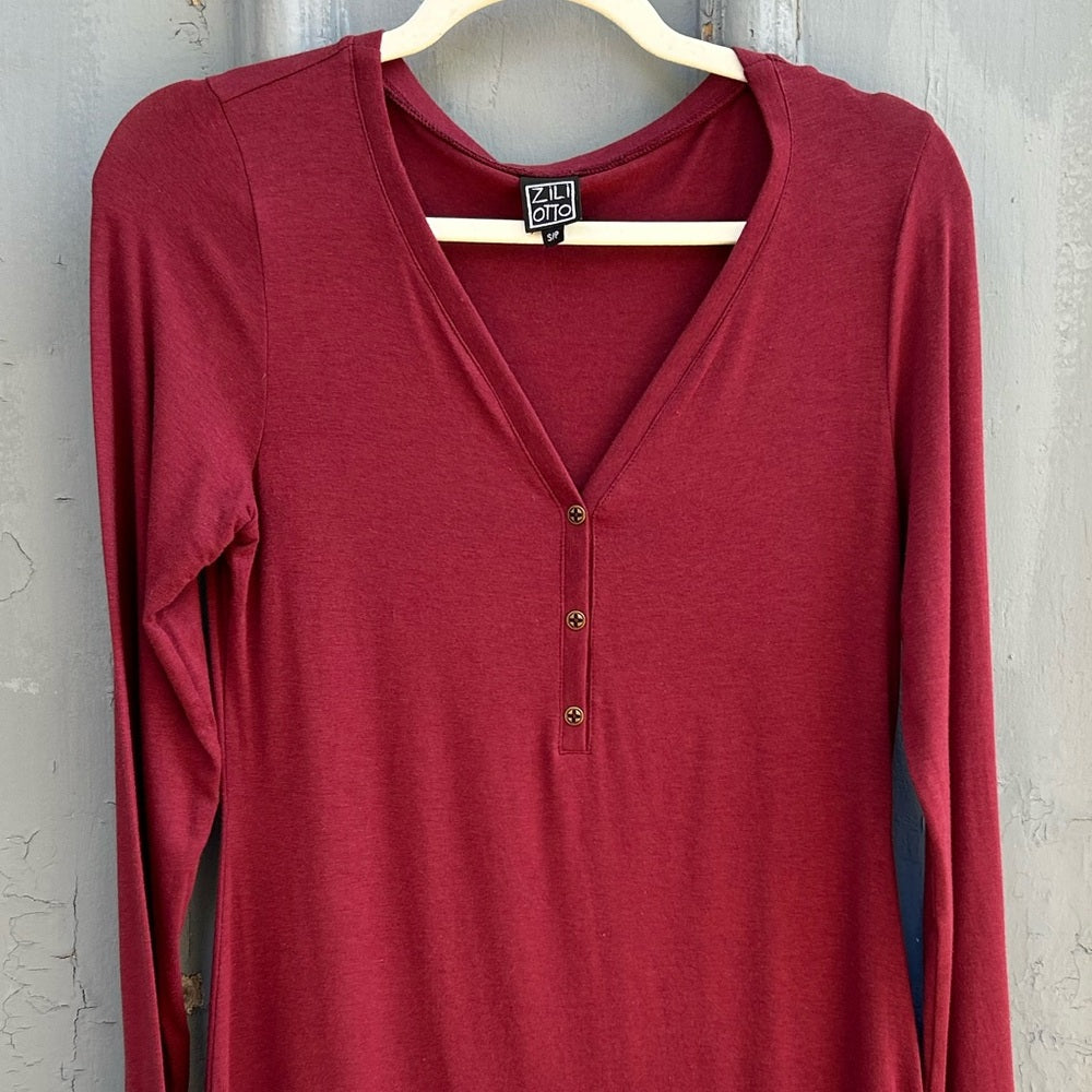 Ziliotto Maroon Long Sleeve v Neck Tee Dress, size S