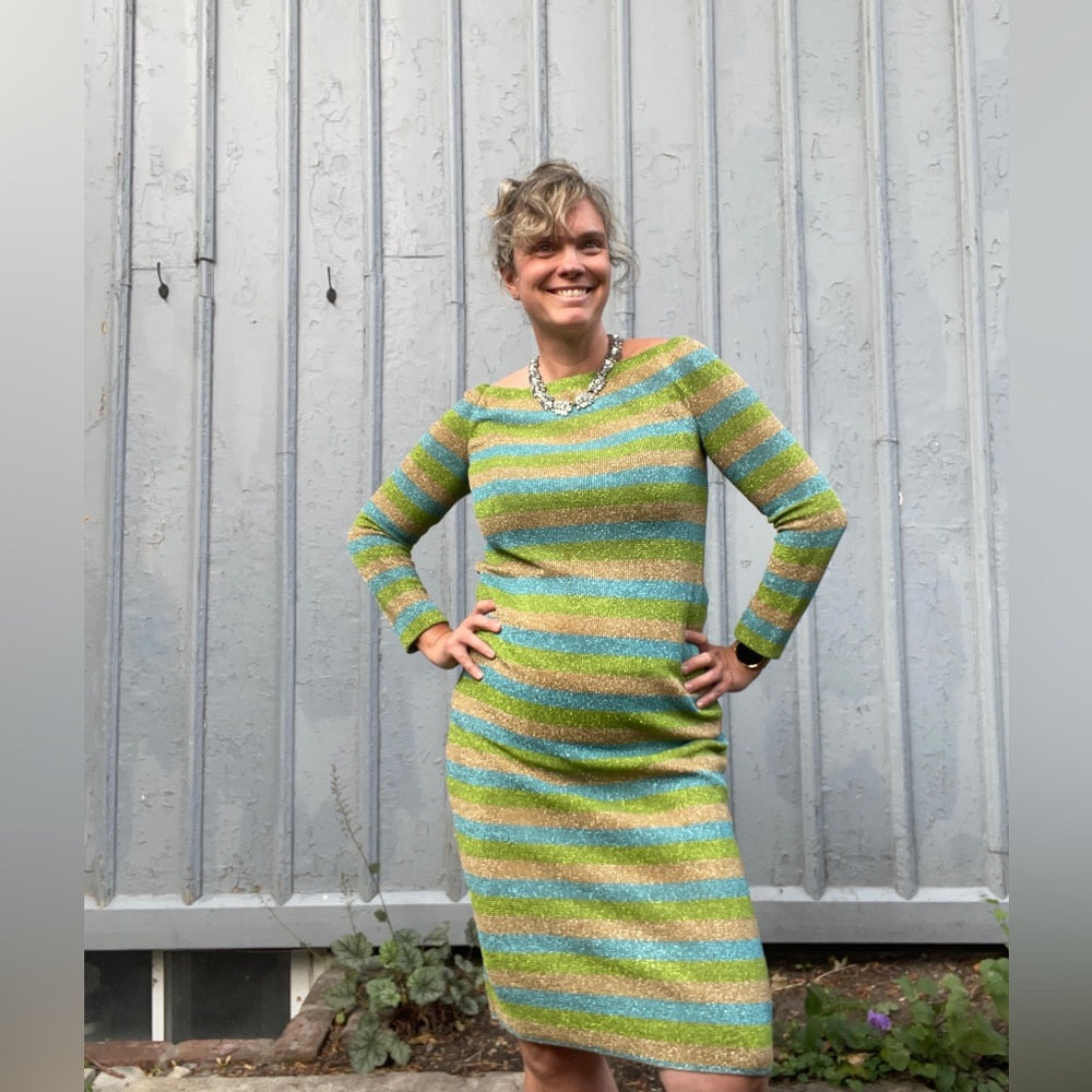 Vintage Tricosa Paris Striped Metallic Knit Dress, size Small