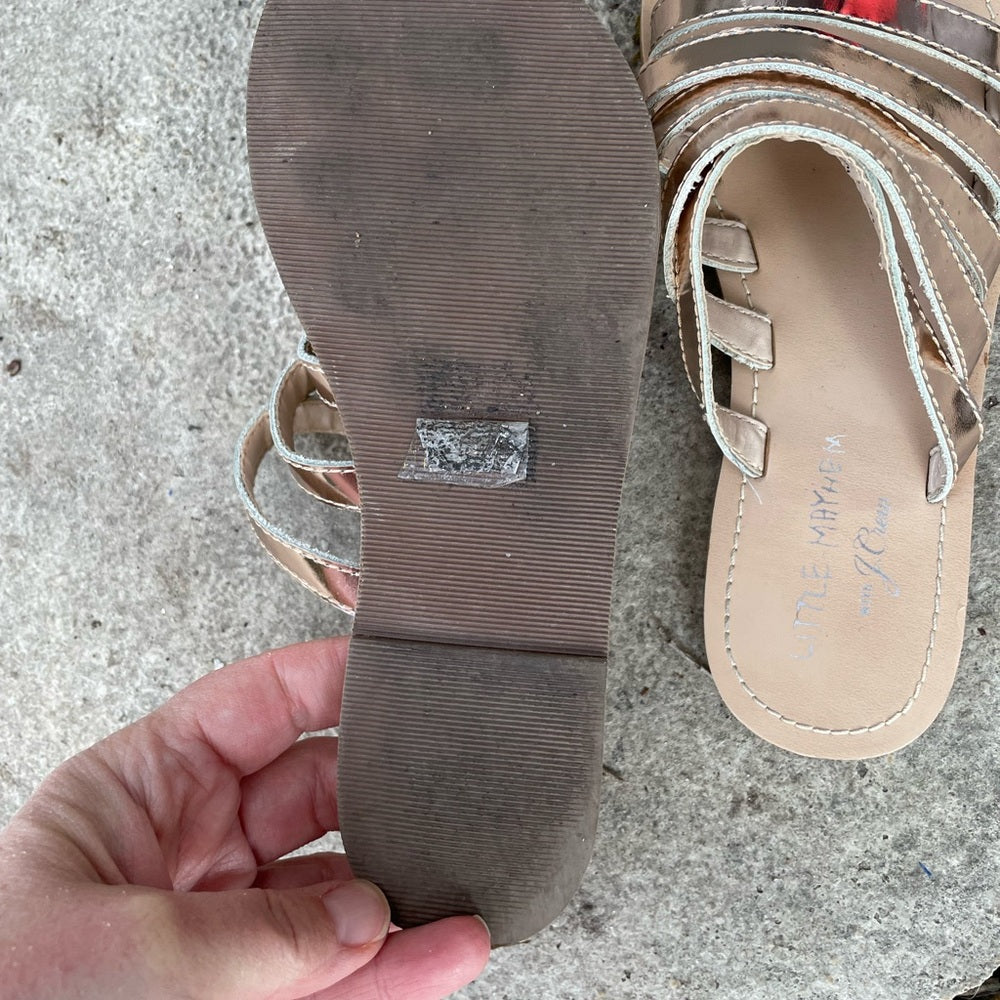 J Crew x Little Mayhem rose gold sandals, size 1