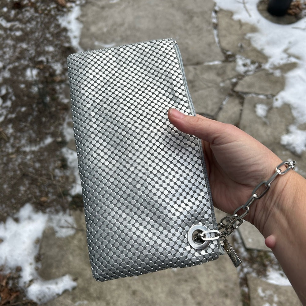 Olga Berg metallic clutch, 9”x4.5”