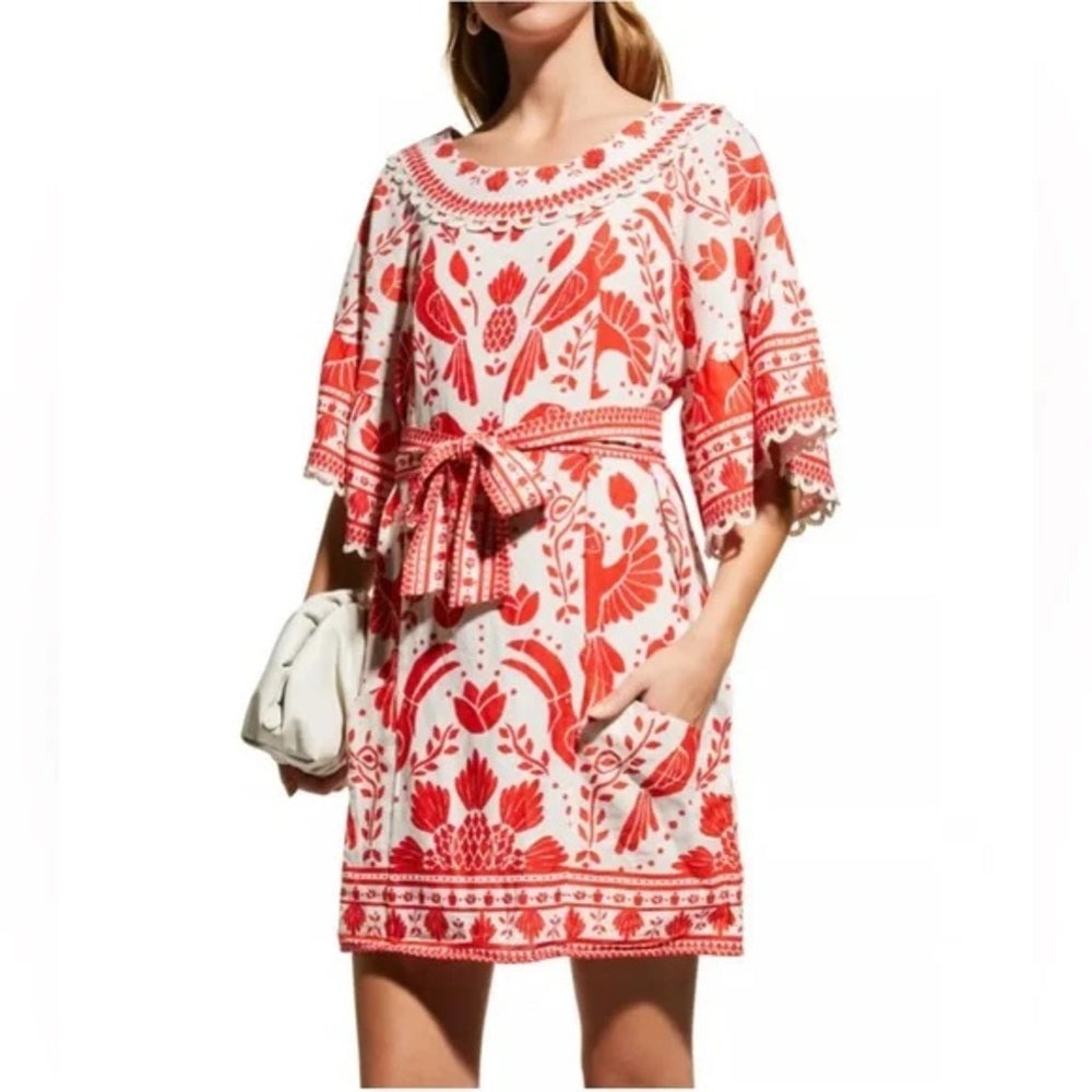 Farm Rio Jungle Flow Belted Mini Dress Red/ Cream Linen, Small