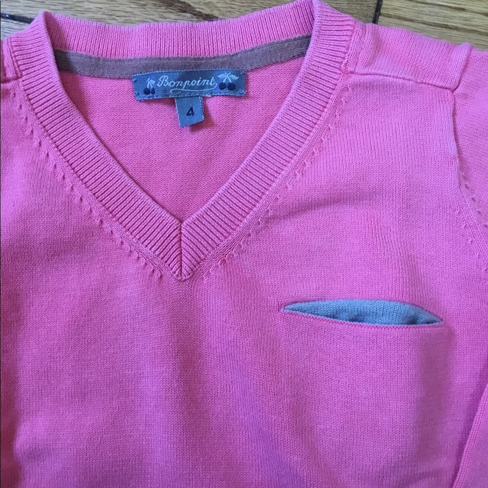 Bonpoint Preppy Pink Cotton V neck sweater, Size 4T
