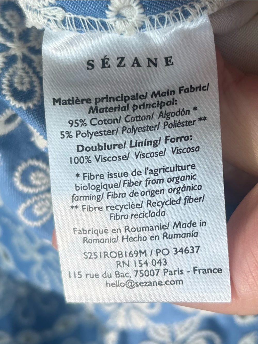Sezane Dorotha Dress, Chambray Blue with Broderie Anglaise, size 46 (US 14)