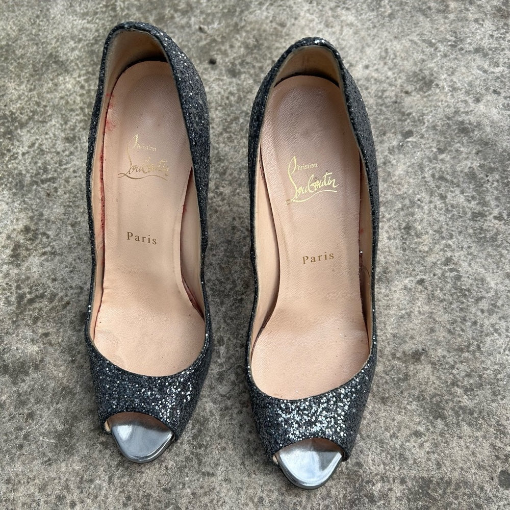 Christian Louboutin Metallic Grey Glitter Very Prive Peep Toe Pumps, Size 38.5