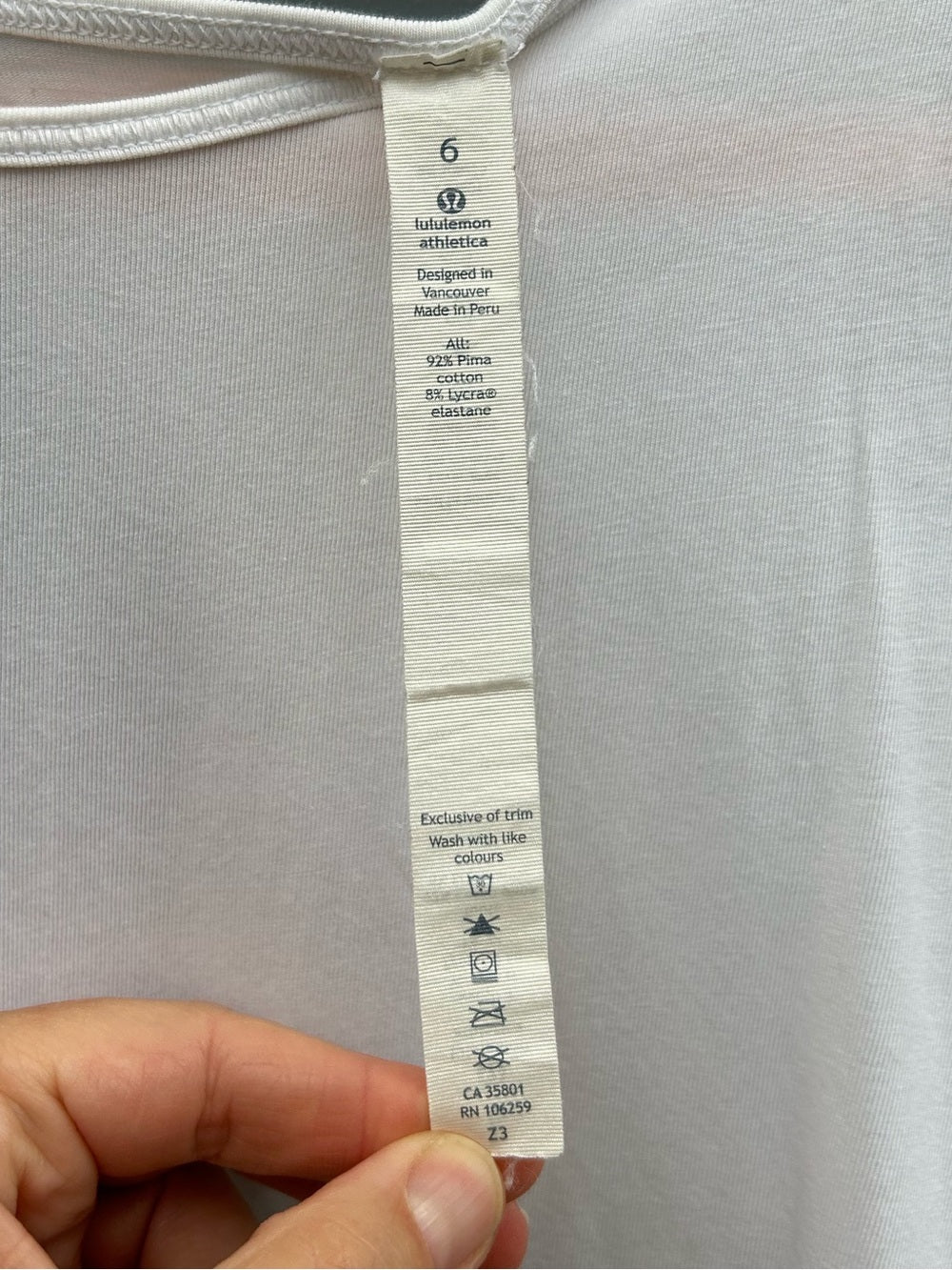 Lululemon White Cruiser Pima Cotton Tank, size 6
