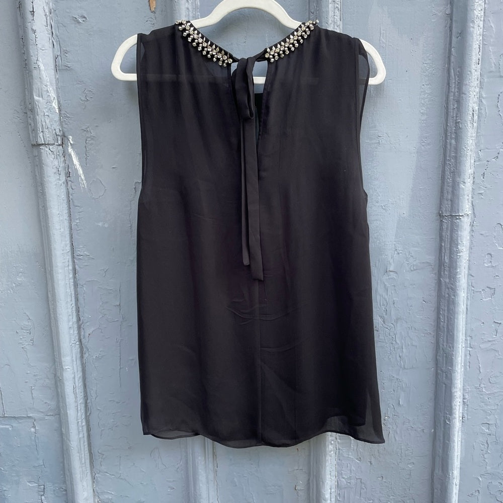 Rebecca Taylor Black Sleeveless Silk Blouse With Rhinestone Collar, size 12