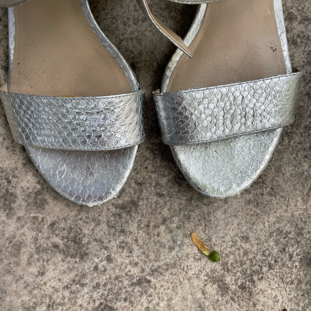 Michael Kors Silver Snakeskin Gem Block Heel Sandals, size 37