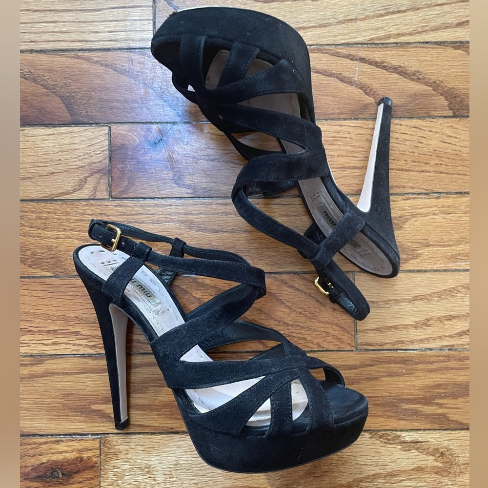 Miu Miu Black Suede Platform Crisscross Sandal Heels, size 36