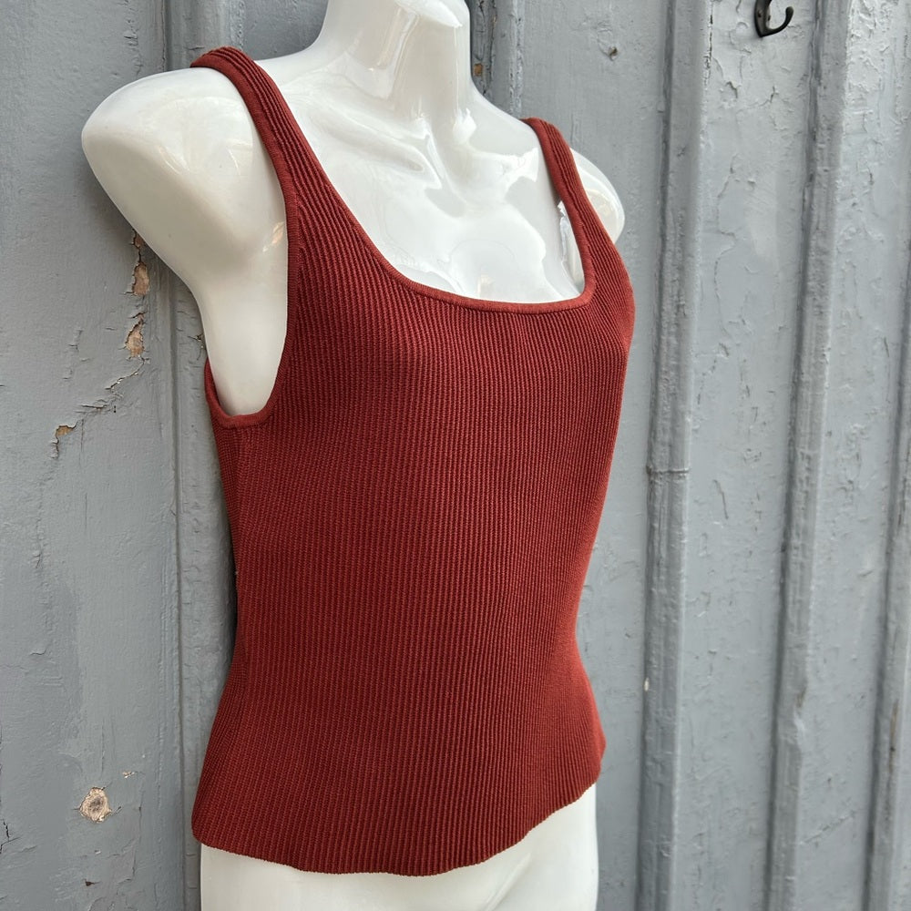 Babaton Rust Red Sculpt Knit Squareneck Tank, size Large