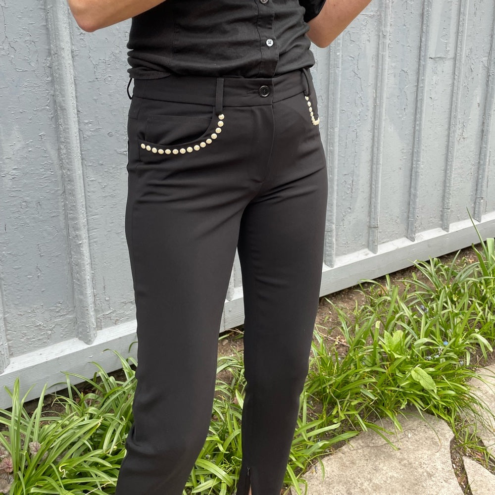 Moschino Black Slim Pants with Pearl Embellished Details, size 6