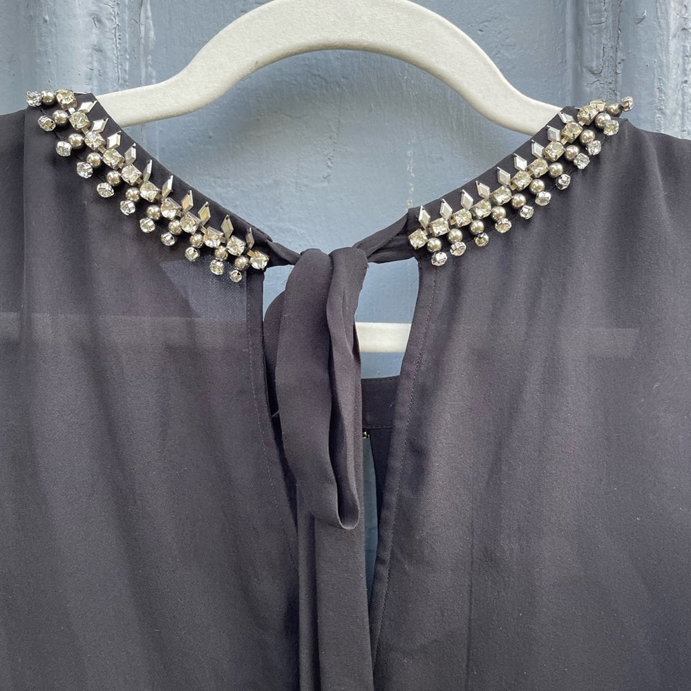 Rebecca Taylor Black Sleeveless Silk Blouse With Rhinestone Collar, size 12
