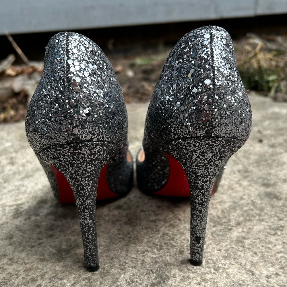 Christian Louboutin Metallic Grey Glitter Very Prive Peep Toe Pumps, Size 38.5