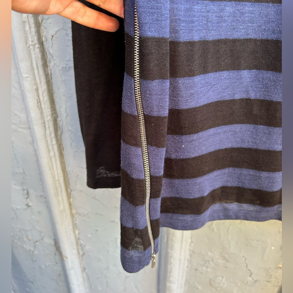 Sandro Blue Black Striped linen top with zipper, size “3” (M)