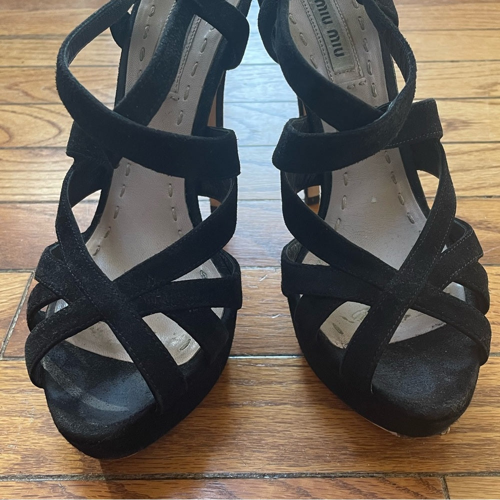 Miu Miu Black Suede Platform Crisscross Sandal Heels, size 36