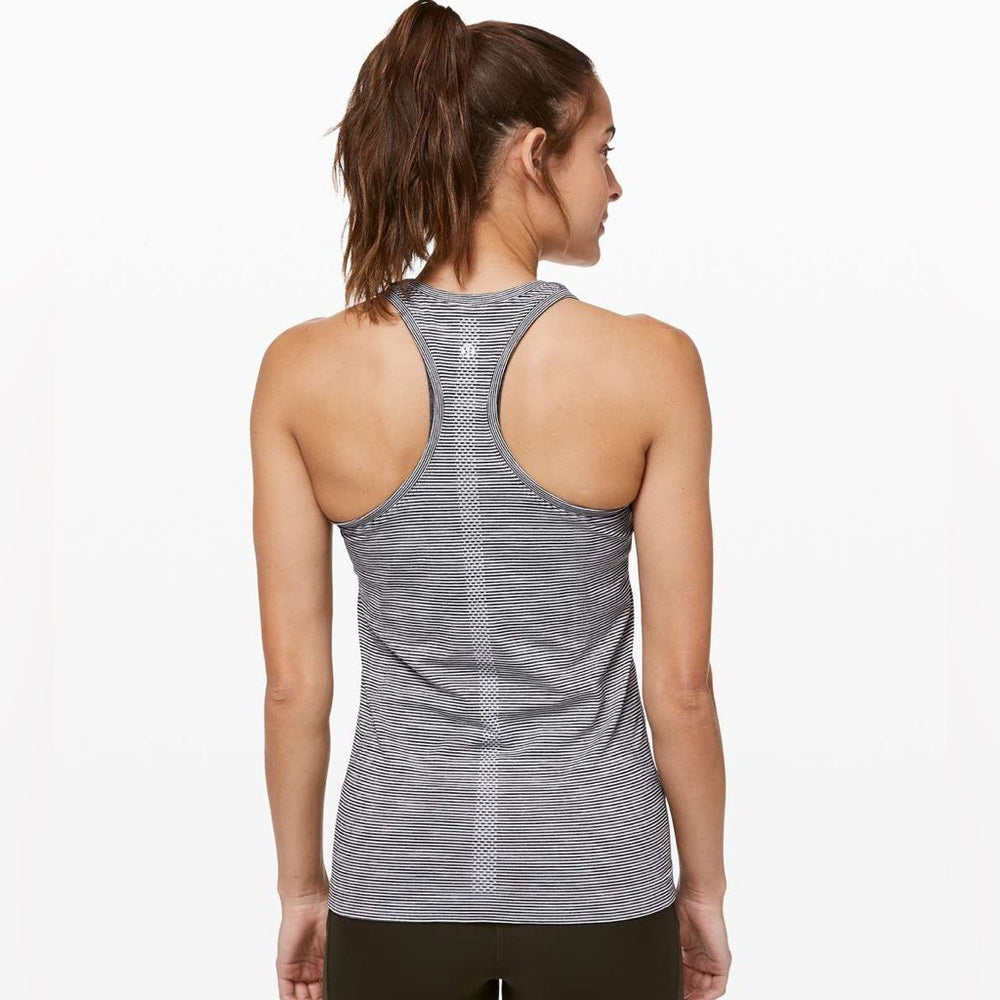 Lululemon swiftly black and white striped tank, size 2