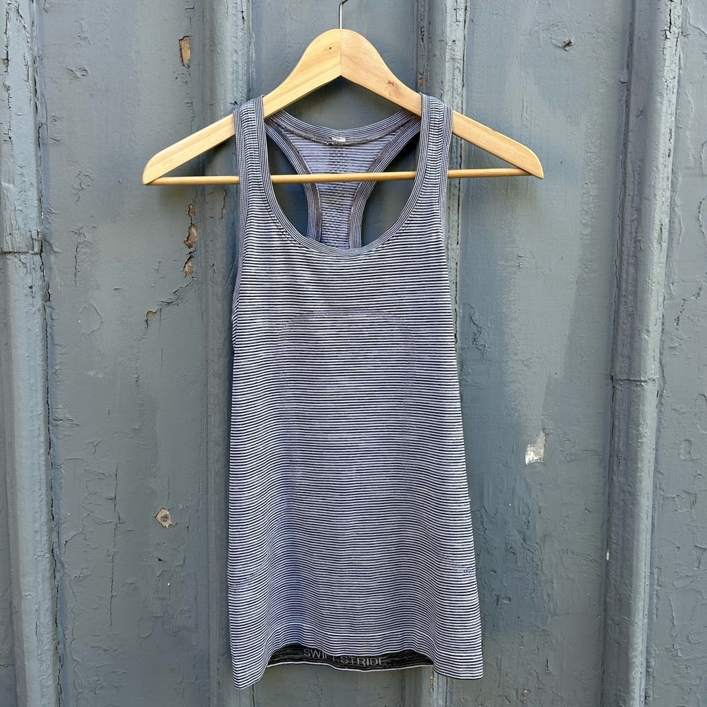 Lululemon swiftly black and white striped tank, size 2
