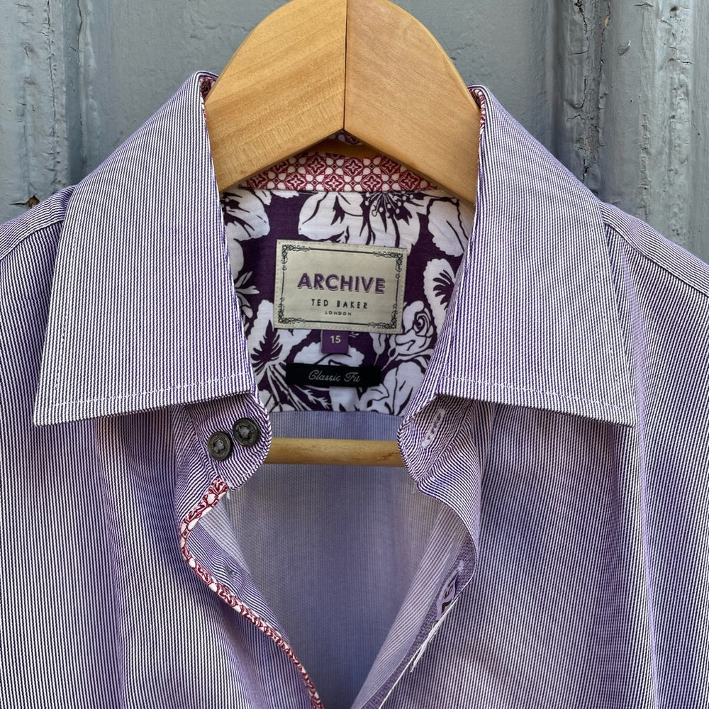 Ted Baker Archive Purple Pinstripe “mahjong” button-down, Size Neck 15