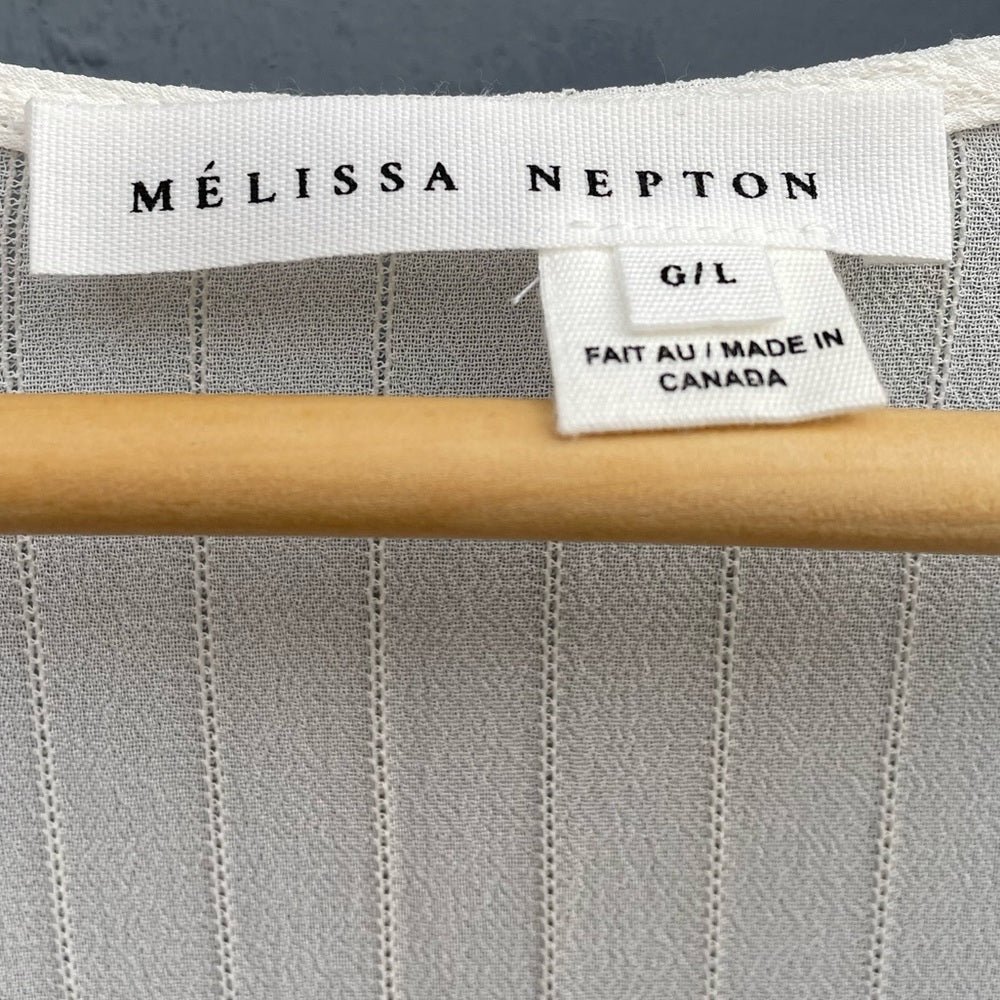 MELISSA NEPTON sheer white V neck blouse loose fit, size Large