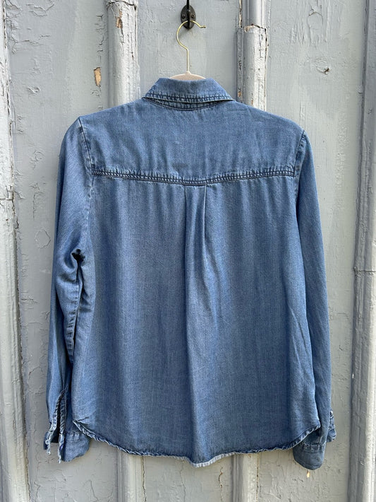 Senes Chambray Ruffle front Shirt, size M