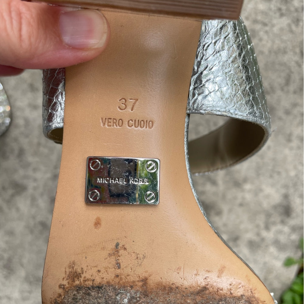 Michael Kors Silver Snakeskin Gem Block Heel Sandals, size 37