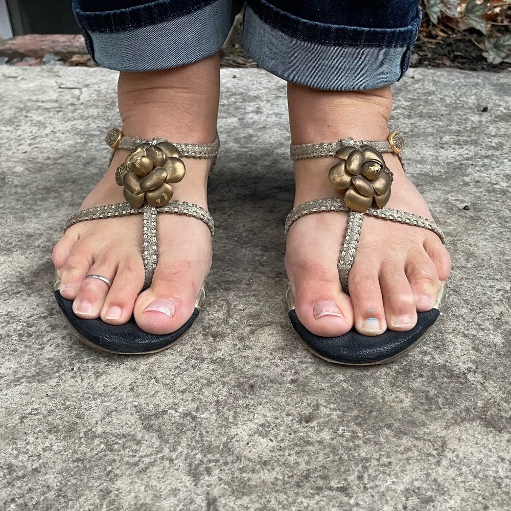 Chanel Gold Quilted Gladiator Sandal Flats, size 39